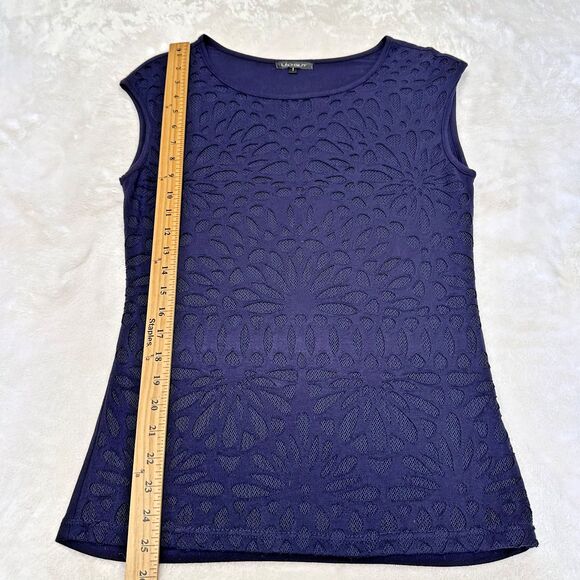 Leo Guy Women's Navy Blue Laser-Cut Cotton Round Neck Cap Sleeve Top Sz 6/8 - Picture 5 of 10